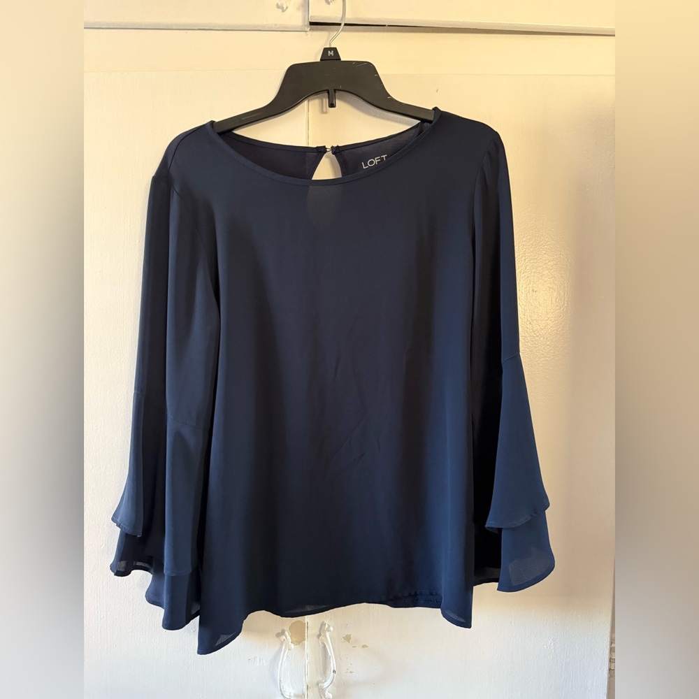 LOFT Blue Asymmetrical Flutter Sleeve Blouse
